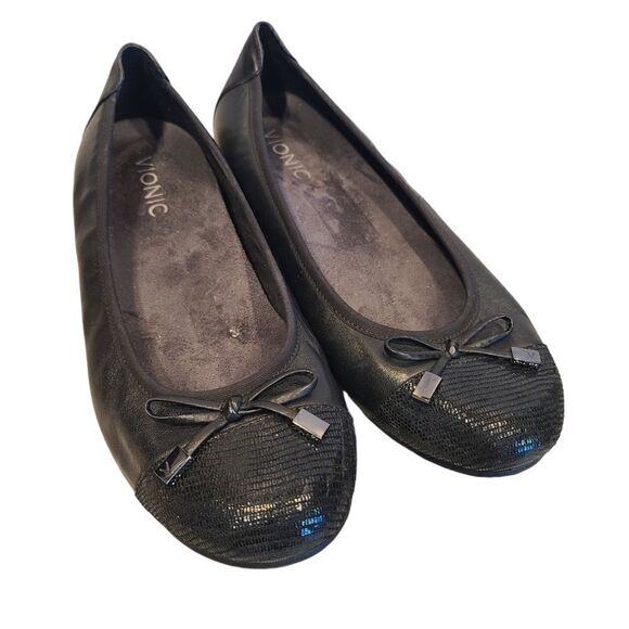 Vionic Spark Minna Black Leather Cap-Toe Bow Ballet Flats Casual Orthotic | 8 - Picture 2 of 10